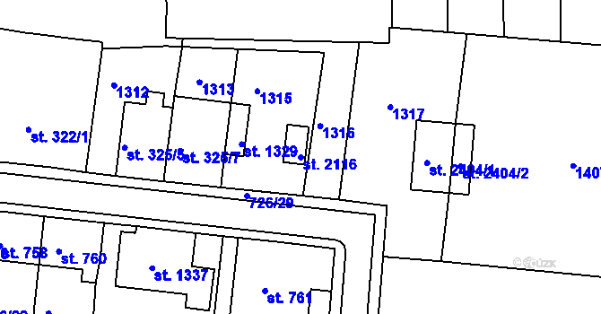 Parcela st. 2116 v KÚ Uherské Hradiště, Katastrální mapa