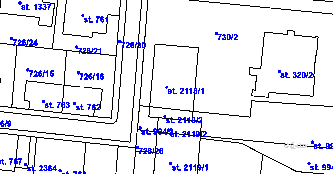 Parcela st. 2118/1 v KÚ Uherské Hradiště, Katastrální mapa