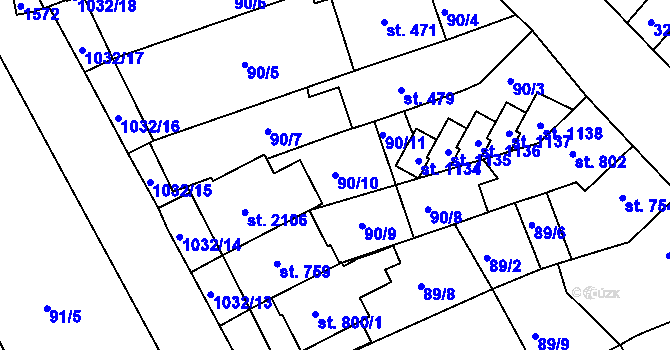 Parcela st. 90/10 v KÚ Uherské Hradiště, Katastrální mapa