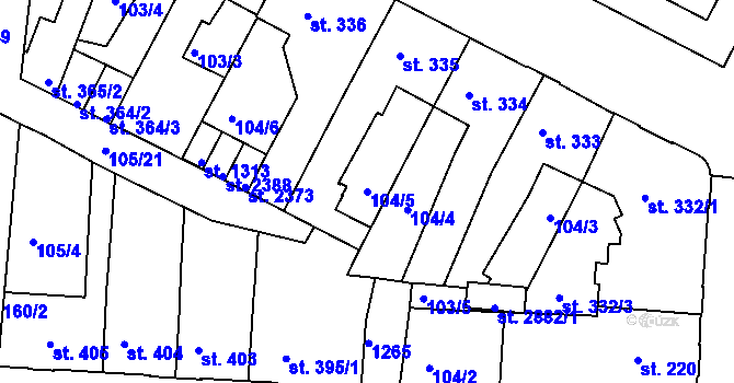 Parcela st. 104/5 v KÚ Uherské Hradiště, Katastrální mapa