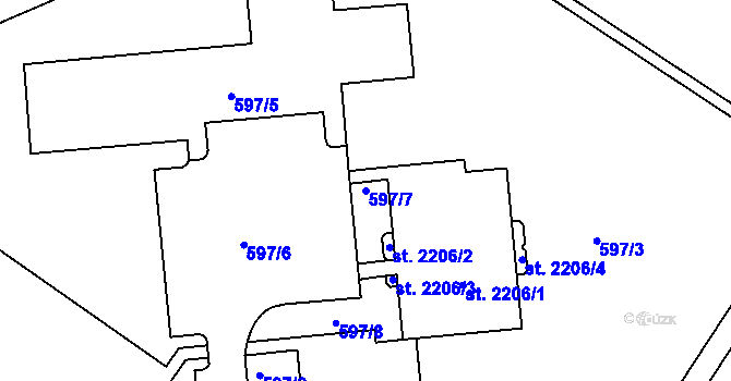 Parcela st. 597/7 v KÚ Uherské Hradiště, Katastrální mapa