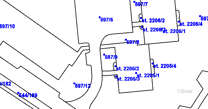 Parcela st. 597/9 v KÚ Uherské Hradiště, Katastrální mapa