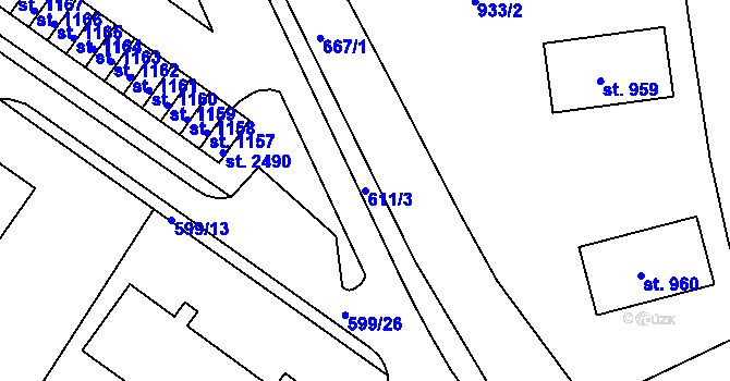 Parcela st. 611/3 v KÚ Uherské Hradiště, Katastrální mapa