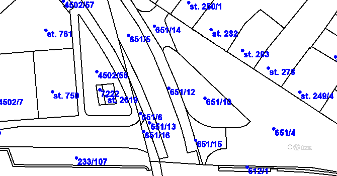Parcela st. 651/12 v KÚ Uherské Hradiště, Katastrální mapa