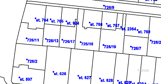 Parcela st. 726/18 v KÚ Uherské Hradiště, Katastrální mapa