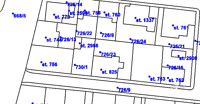 Parcela st. 726/23 v KÚ Uherské Hradiště, Katastrální mapa