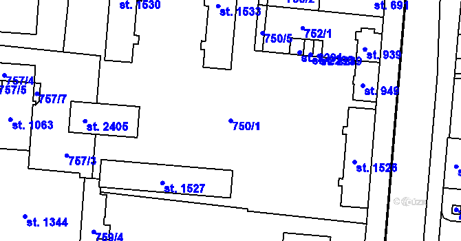 Parcela st. 750/1 v KÚ Uherské Hradiště, Katastrální mapa