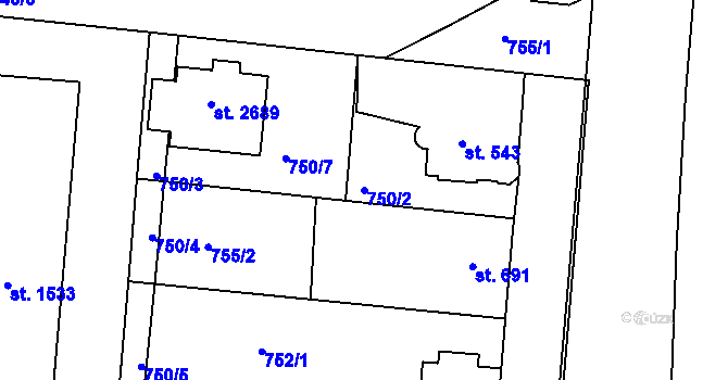 Parcela st. 750/2 v KÚ Uherské Hradiště, Katastrální mapa