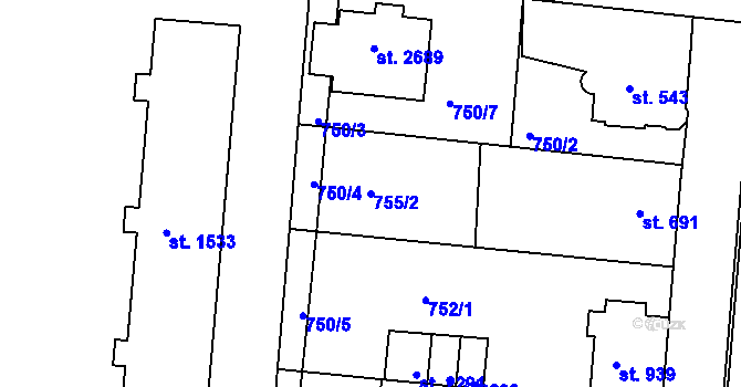 Parcela st. 755/2 v KÚ Uherské Hradiště, Katastrální mapa