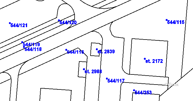 Parcela st. 544/255 v KÚ Uherské Hradiště, Katastrální mapa