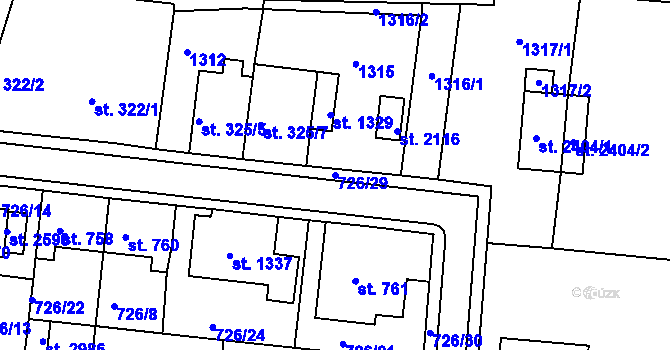 Parcela st. 726/29 v KÚ Uherské Hradiště, Katastrální mapa