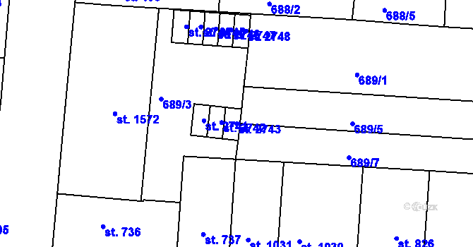 Parcela st. 2743 v KÚ Uherské Hradiště, Katastrální mapa