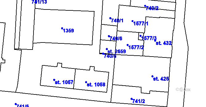 Parcela st. 740/5 v KÚ Uherské Hradiště, Katastrální mapa