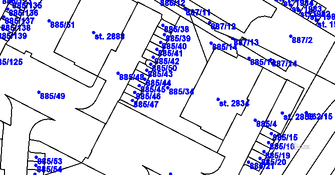 Parcela st. 885/34 v KÚ Uherské Hradiště, Katastrální mapa