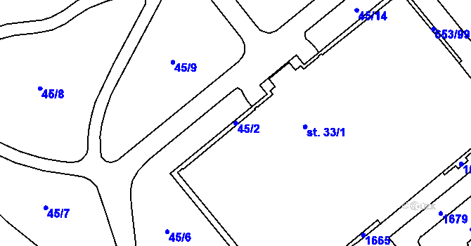 Parcela st. 45/2 v KÚ Uherské Hradiště, Katastrální mapa