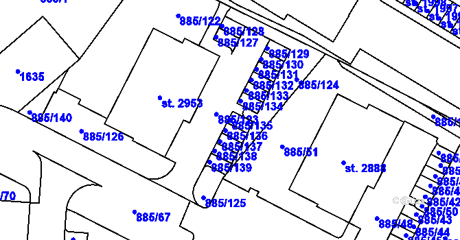 Parcela st. 885/135 v KÚ Uherské Hradiště, Katastrální mapa