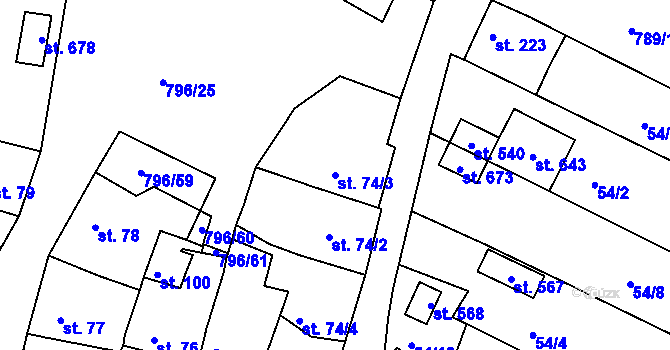 Parcela st. 74/3 v KÚ Sady, Katastrální mapa
