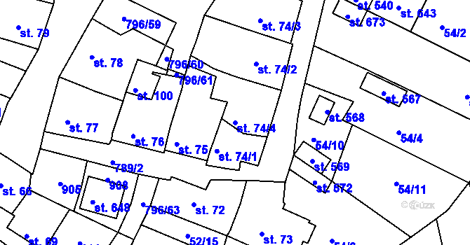 Parcela st. 74/4 v KÚ Sady, Katastrální mapa