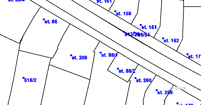 Parcela st. 88/1 v KÚ Sady, Katastrální mapa