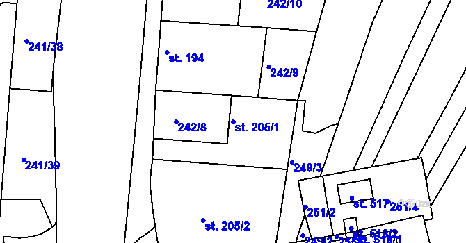 Parcela st. 205/1 v KÚ Sady, Katastrální mapa