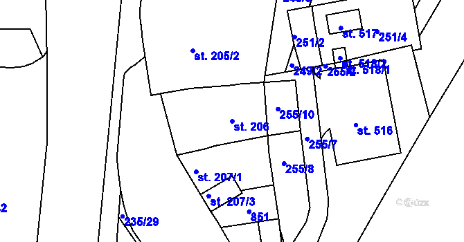Parcela st. 206 v KÚ Sady, Katastrální mapa