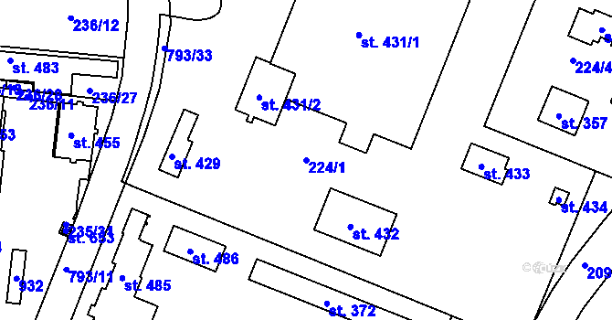 Parcela st. 224/1 v KÚ Sady, Katastrální mapa