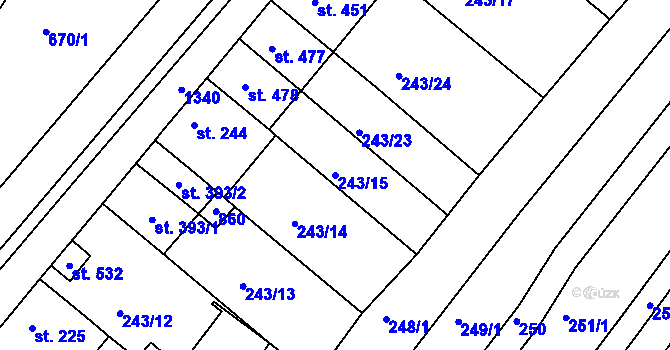 Parcela st. 243/15 v KÚ Sady, Katastrální mapa