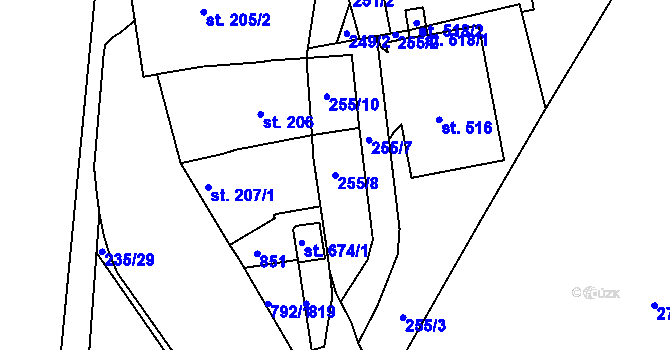 Parcela st. 255/8 v KÚ Sady, Katastrální mapa