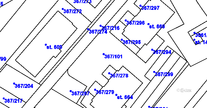 Parcela st. 367/101 v KÚ Sady, Katastrální mapa