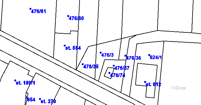 Parcela st. 476/3 v KÚ Sady, Katastrální mapa
