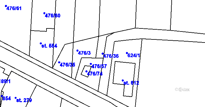 Parcela st. 476/36 v KÚ Sady, Katastrální mapa