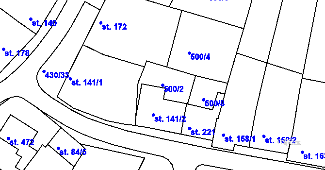 Parcela st. 500/2 v KÚ Sady, Katastrální mapa