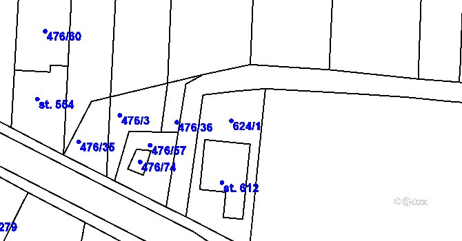 Parcela st. 624/1 v KÚ Sady, Katastrální mapa