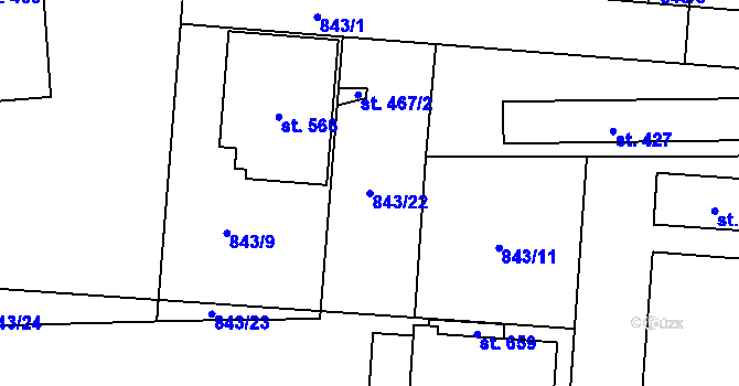 Parcela st. 843/22 v KÚ Sady, Katastrální mapa
