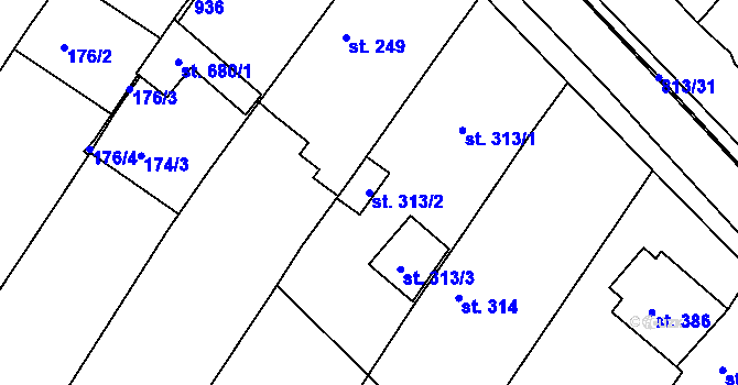 Parcela st. 313/2 v KÚ Sady, Katastrální mapa