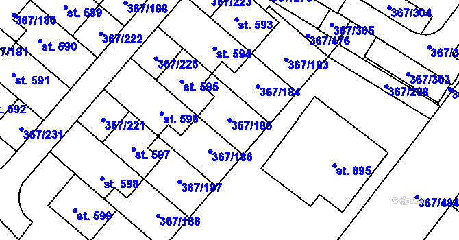 Parcela st. 367/185 v KÚ Sady, Katastrální mapa