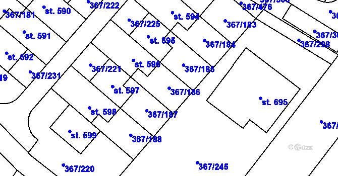Parcela st. 367/186 v KÚ Sady, Katastrální mapa