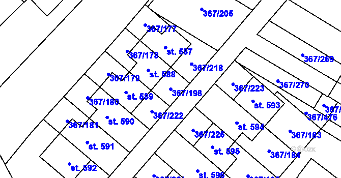 Parcela st. 367/198 v KÚ Sady, Katastrální mapa