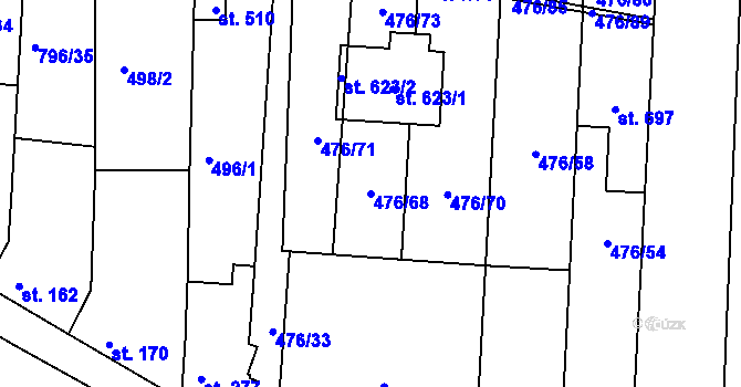 Parcela st. 476/68 v KÚ Sady, Katastrální mapa