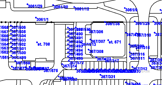 Parcela st. 367/213 v KÚ Sady, Katastrální mapa
