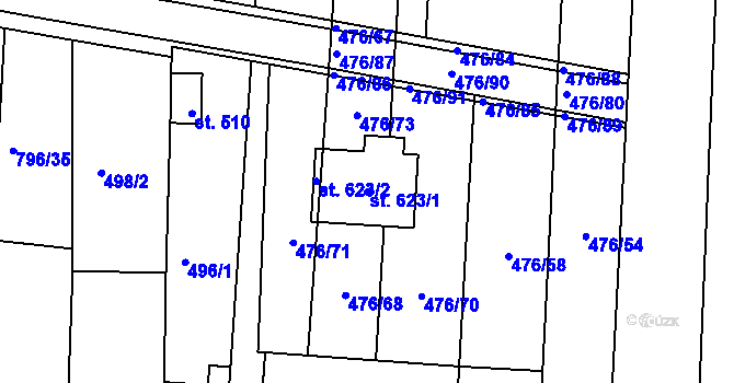 Parcela st. 623/1 v KÚ Sady, Katastrální mapa