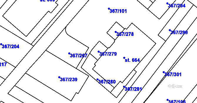 Parcela st. 367/279 v KÚ Sady, Katastrální mapa