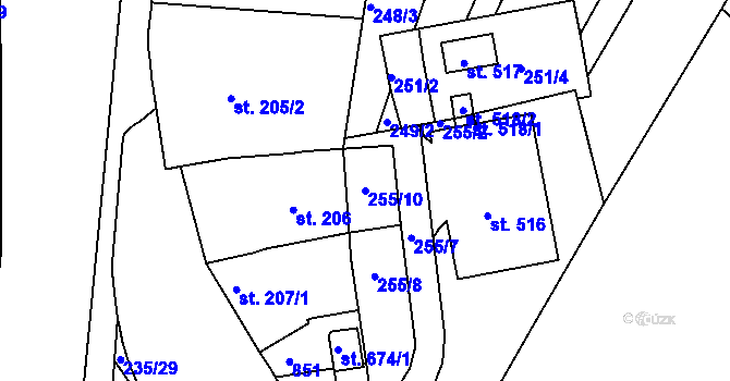 Parcela st. 255/10 v KÚ Sady, Katastrální mapa