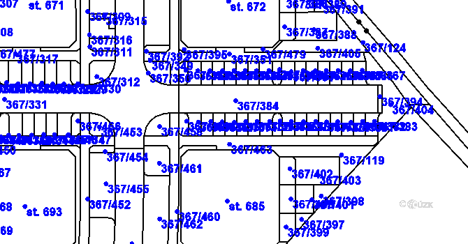 Parcela st. 367/371 v KÚ Sady, Katastrální mapa