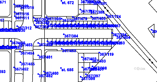 Parcela st. 367/375 v KÚ Sady, Katastrální mapa