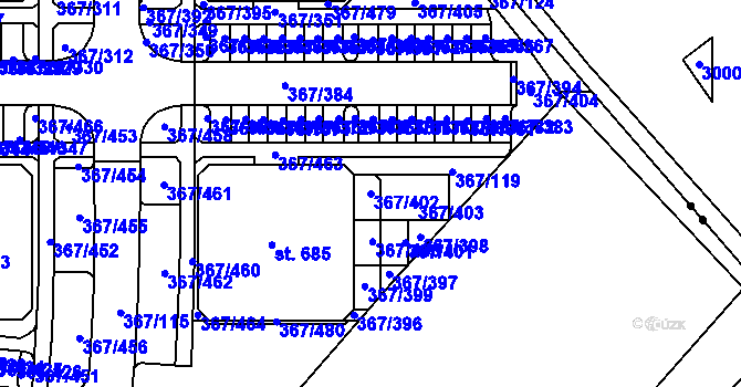 Parcela st. 367/402 v KÚ Sady, Katastrální mapa