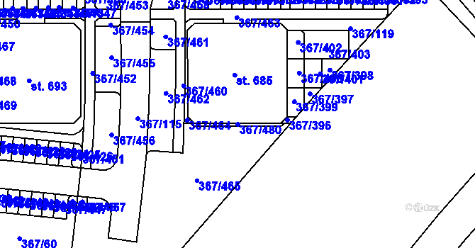 Parcela st. 367/480 v KÚ Sady, Katastrální mapa