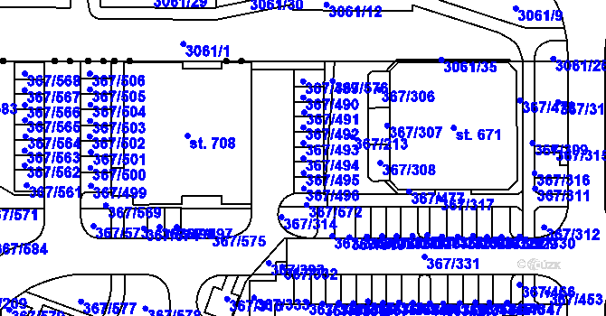 Parcela st. 367/494 v KÚ Sady, Katastrální mapa