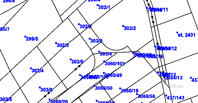 Parcela st. 303/4 v KÚ Sady, Katastrální mapa