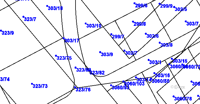 Parcela st. 303/9 v KÚ Sady, Katastrální mapa